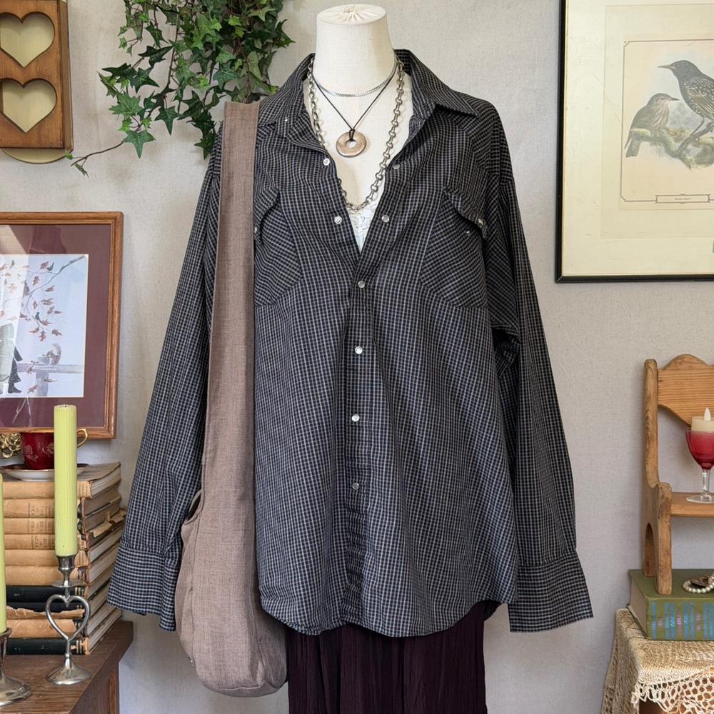 Black Brown Plaid Pearl Snap Western Shirt Cowgirl Aesthetic XL Oversized Dad
